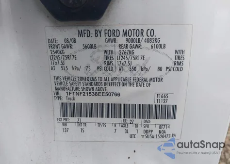 2008 Ford F-250 Xl/Xlt from USA, damaged, VIN 1FTNF21538EE50766